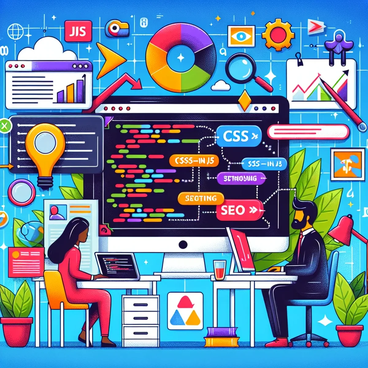 Illustration of CSS-in-JS code on a computer screen with WordPress logo