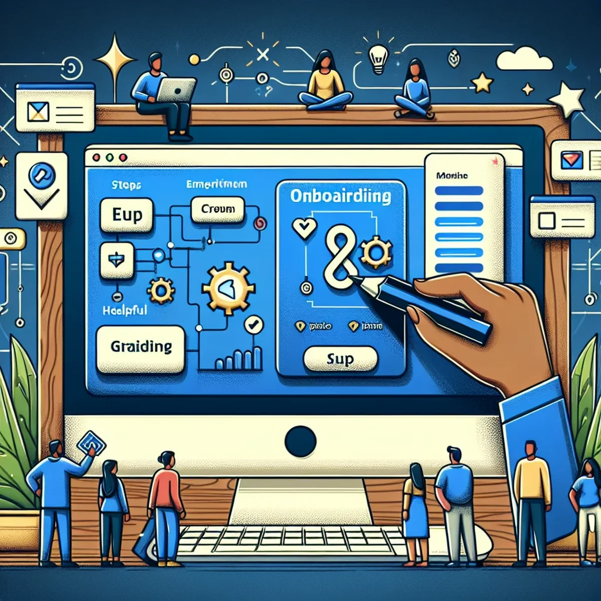 Illustration of a user engaging with a custom plugin onboarding screen on WordPress