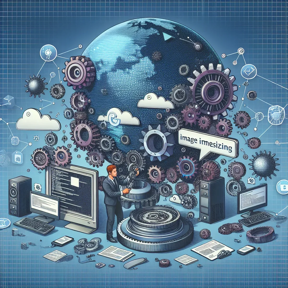 Illustration of data flowing from global servers, symbolizing edge image resizing
