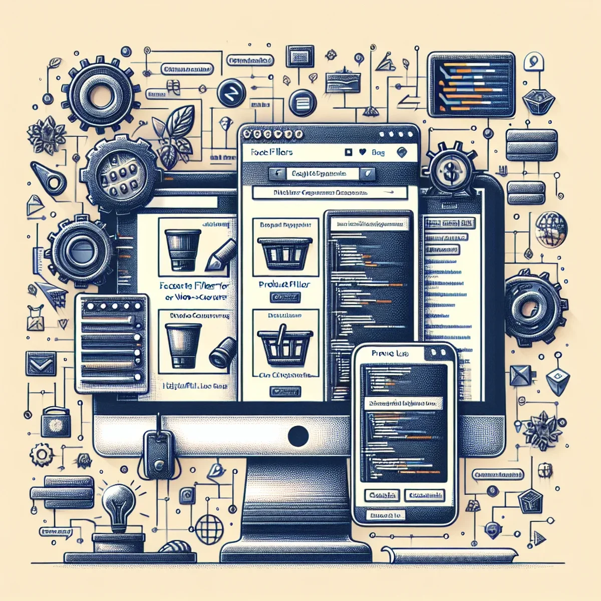 A digital illustration of a user interacting with facet filters on a WooCommerce store