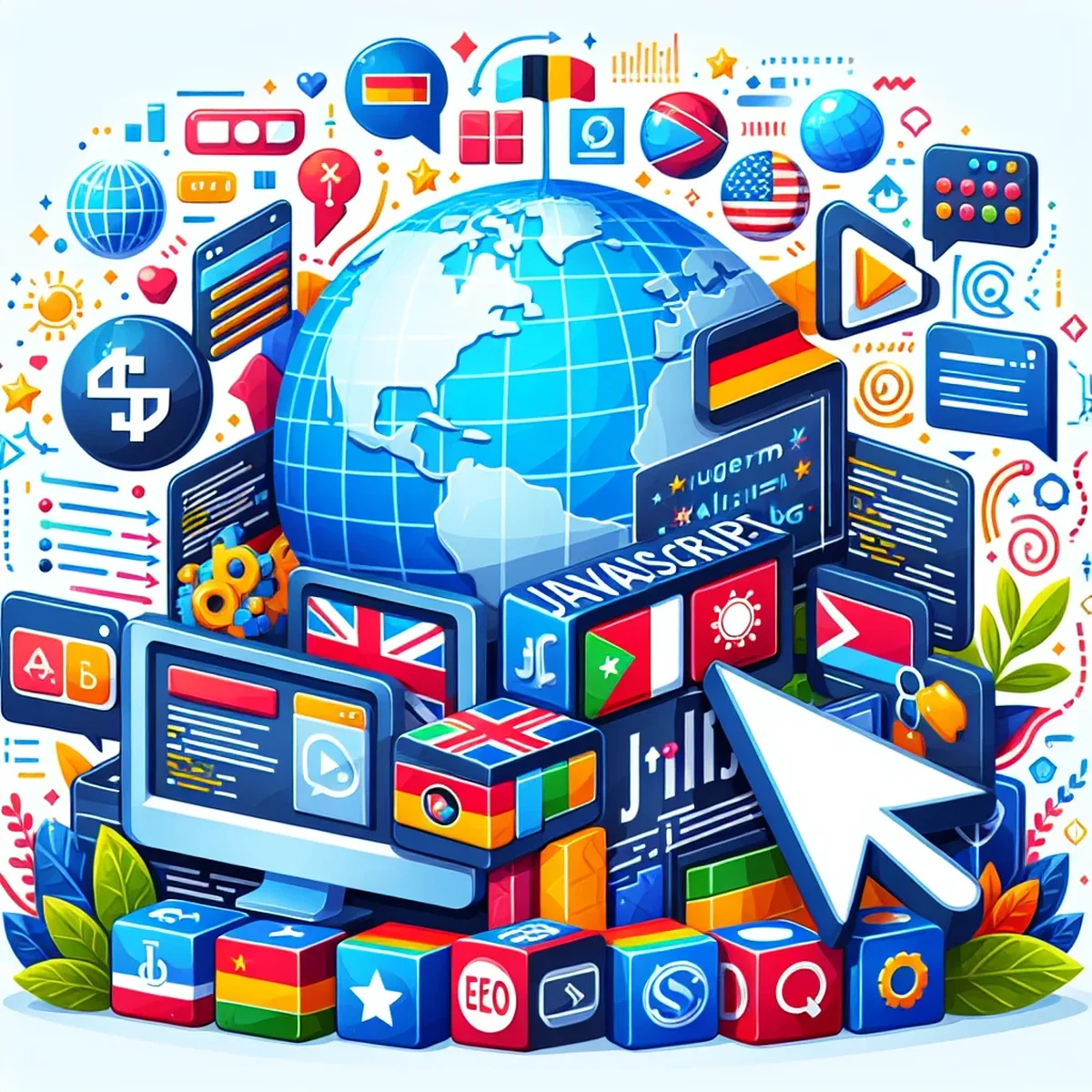 A colorful illustration of the world map with code snippets overlay