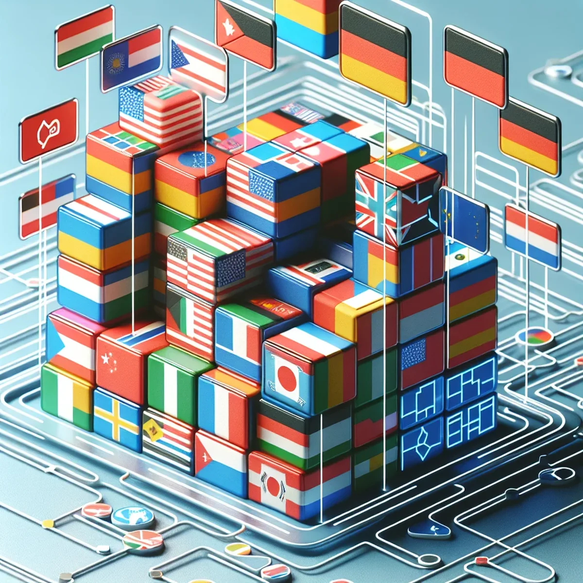 A graphical representation of WordPress blocks being translated into various languages