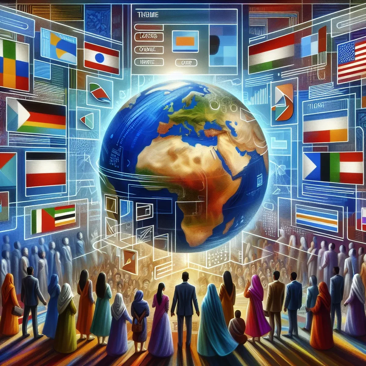 A digital globe surrounded by various international symbols, representing the global reach of WordPress themes.