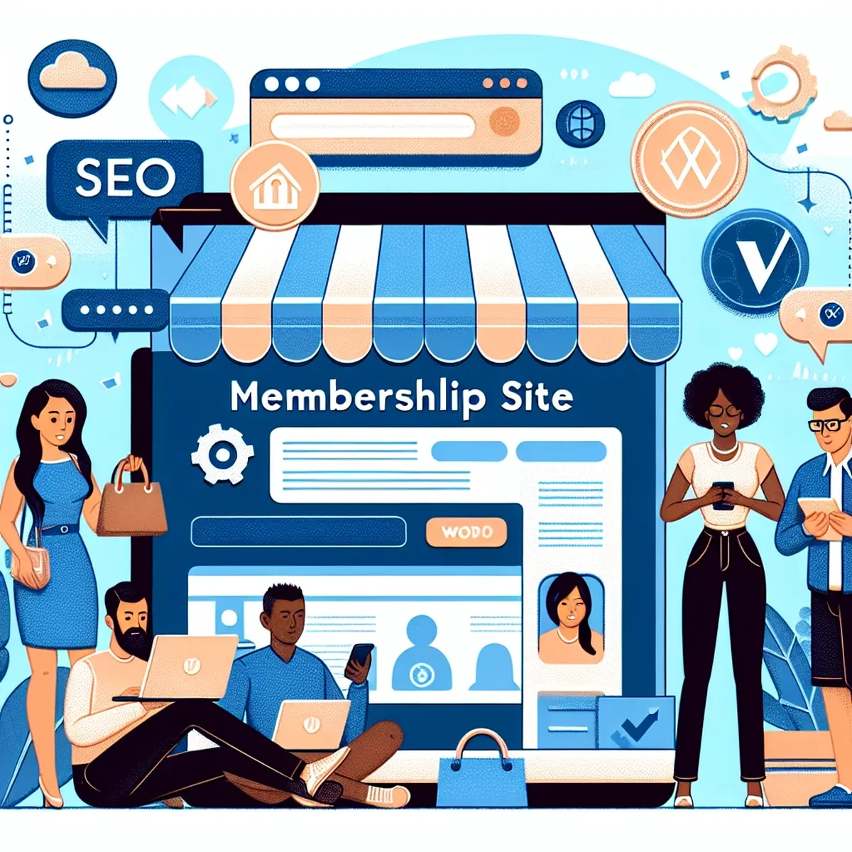 A digital illustration of a membership site dashboard powered by WooCommerce.