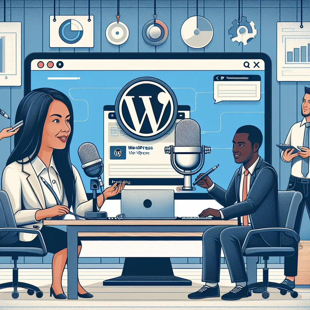 A microphone set up with a laptop displaying WordPress