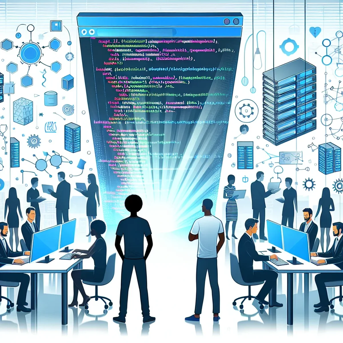 Illustration of schema markup code on a computer screen with SEO icons