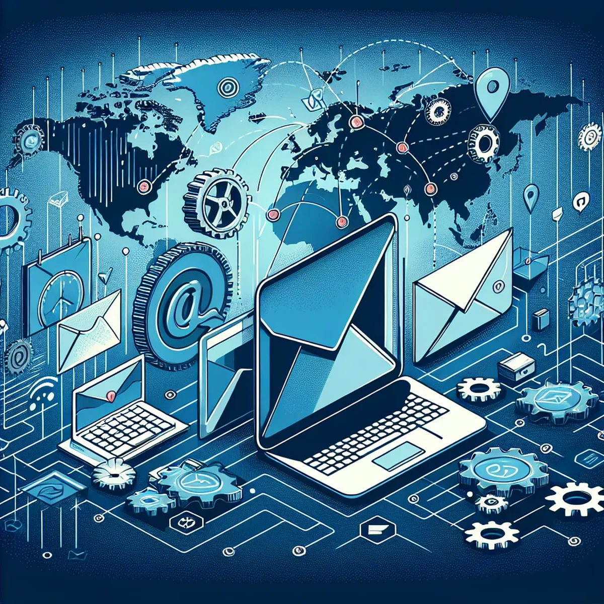 Digital illustration of emails being sent from a laptop