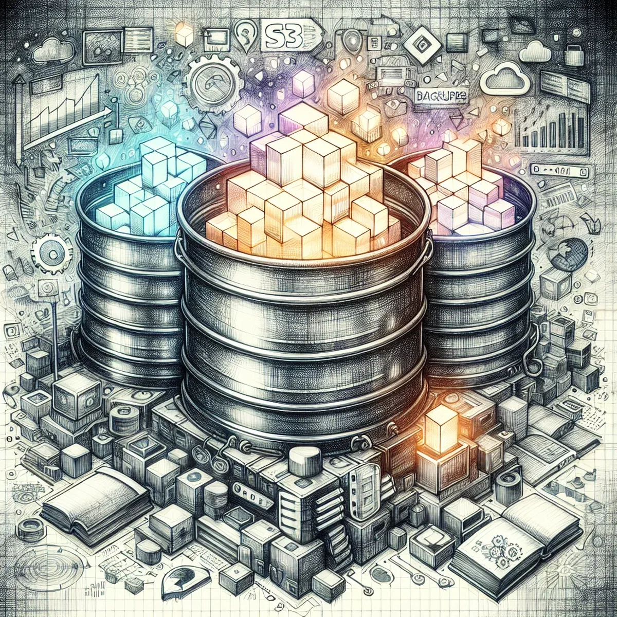 Illustration of a WordPress logo connected to Amazon S3 cloud storage