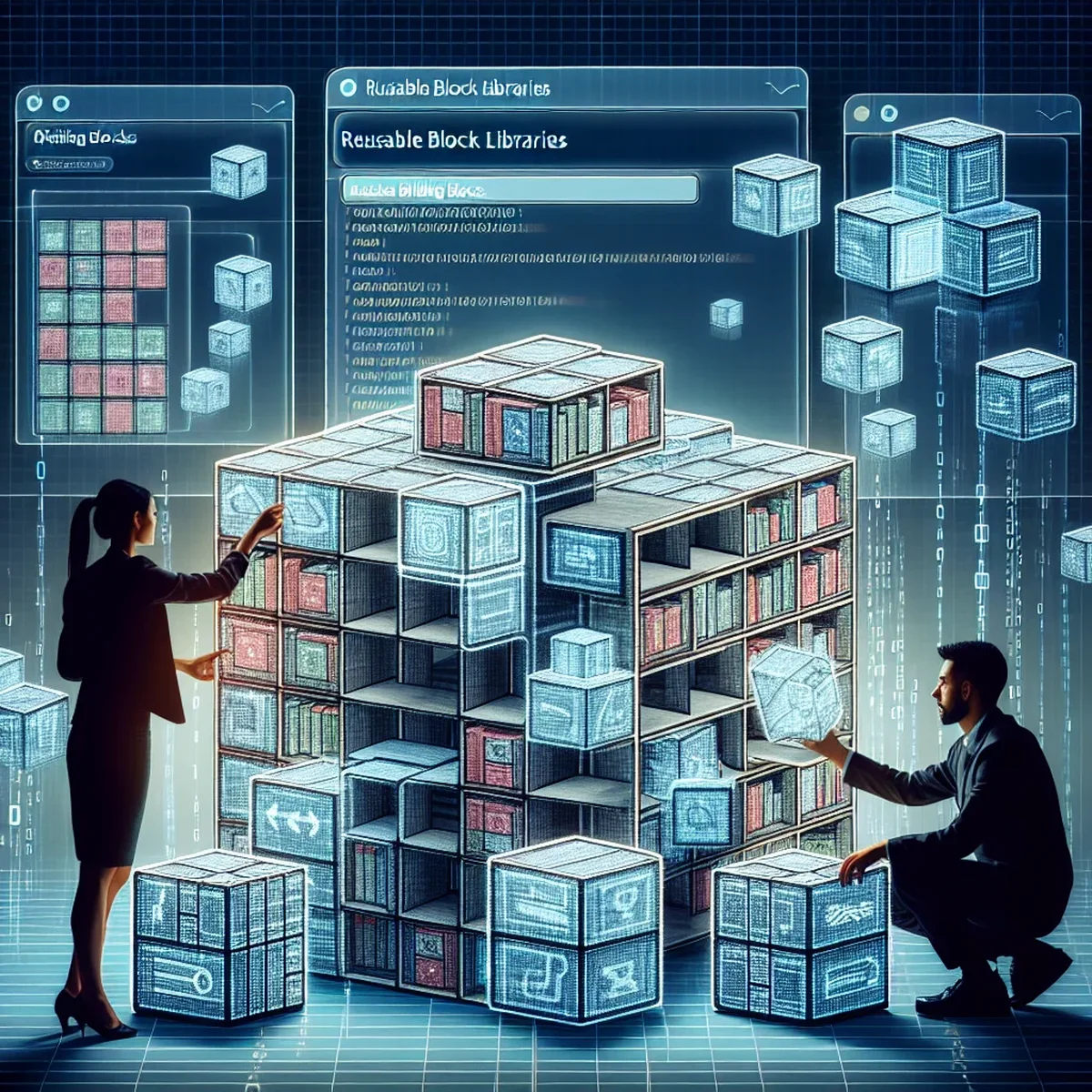 Illustration of various WordPress blocks being organized into a library