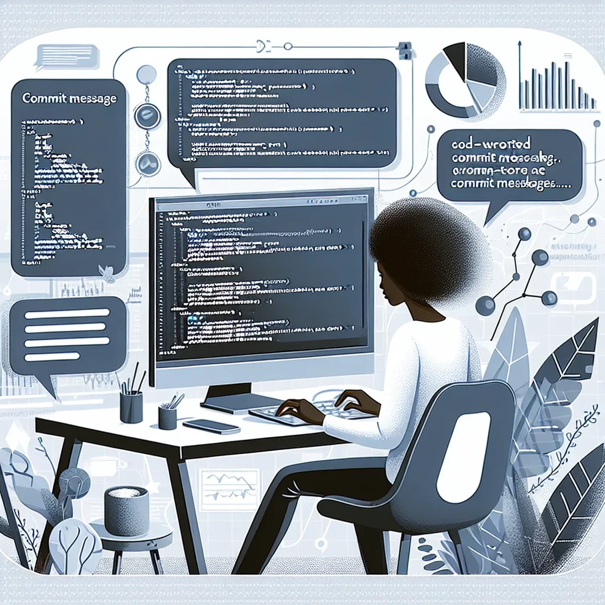 Illustration of a developer writing commit messages in WordPress