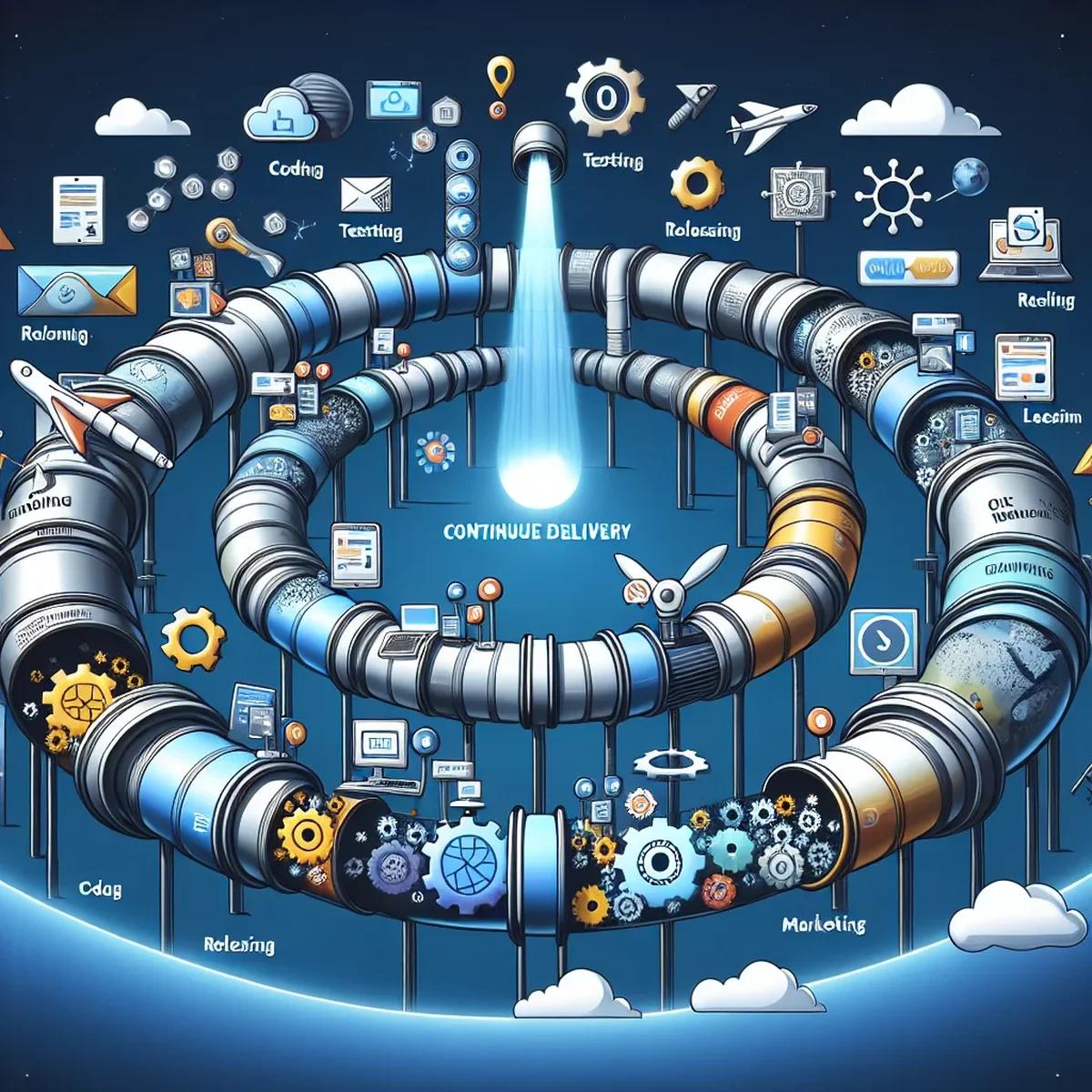 Illustration of a continuous delivery pipeline in action on a WordPress site