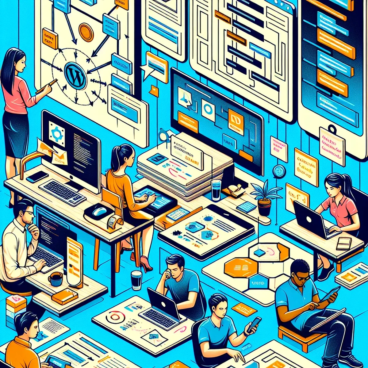 Developers collaborating over WordPress core code on a laptop