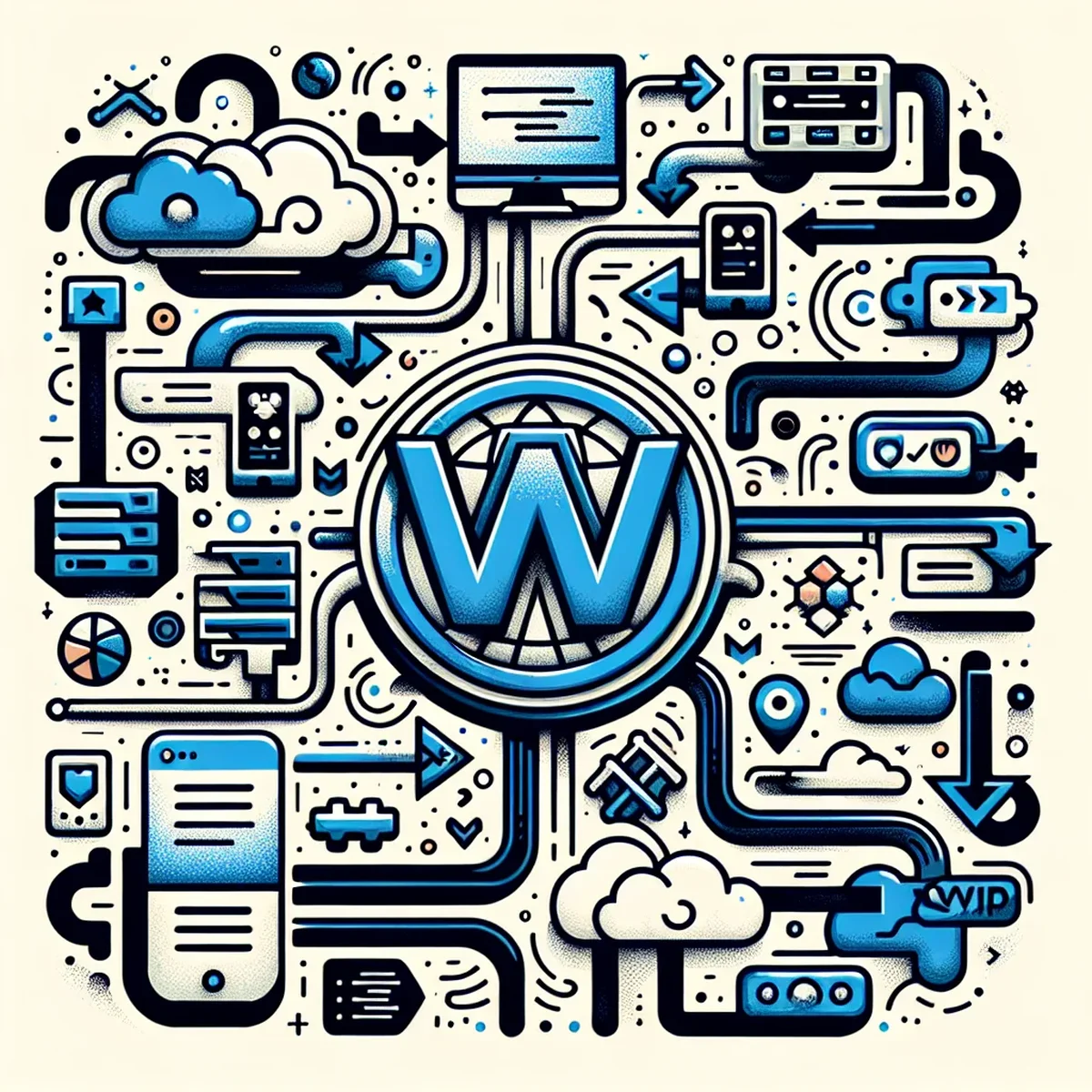 A digital illustration of data interchange between WordPress and various applications