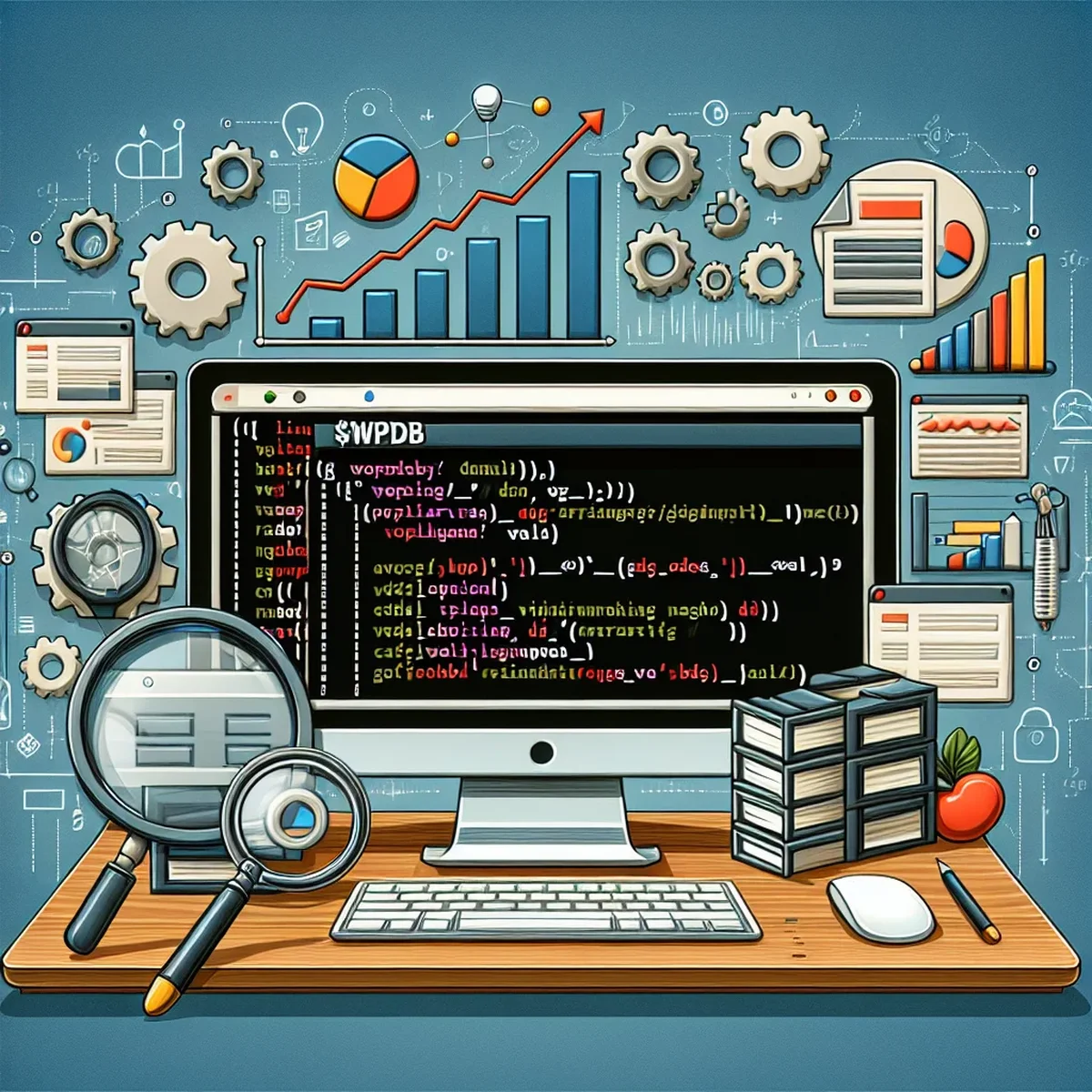 A developer working on WordPress code on a laptop with visible code and database queries