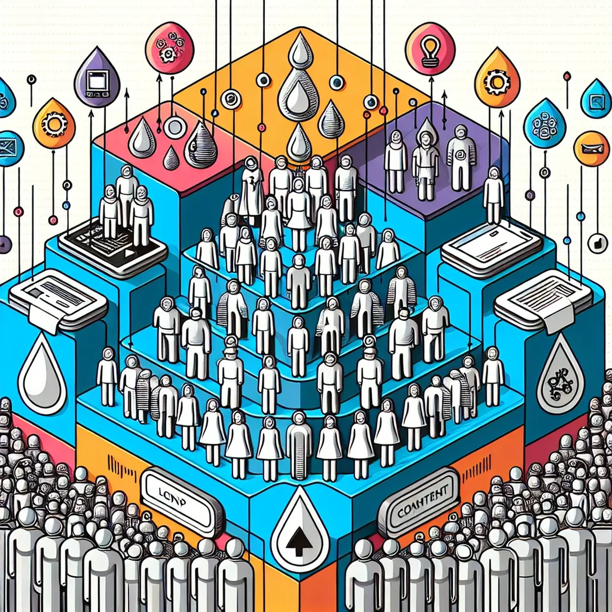 A digital illustration of content dripping into a funnel representing membership levels