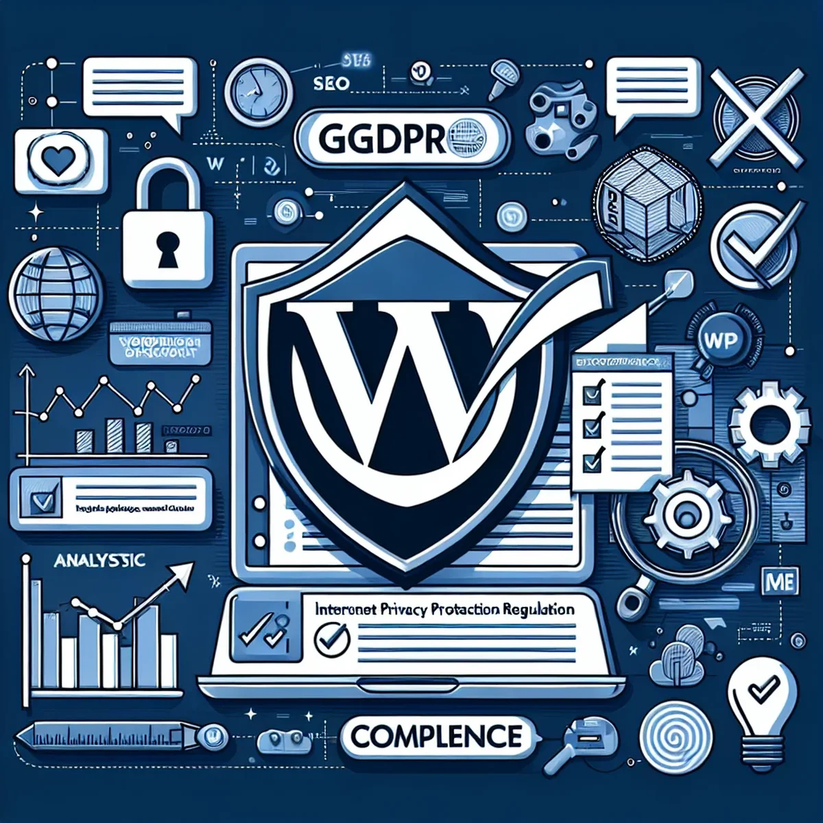 Illustration of a secure WordPress website interface displaying GDPR compliance tools