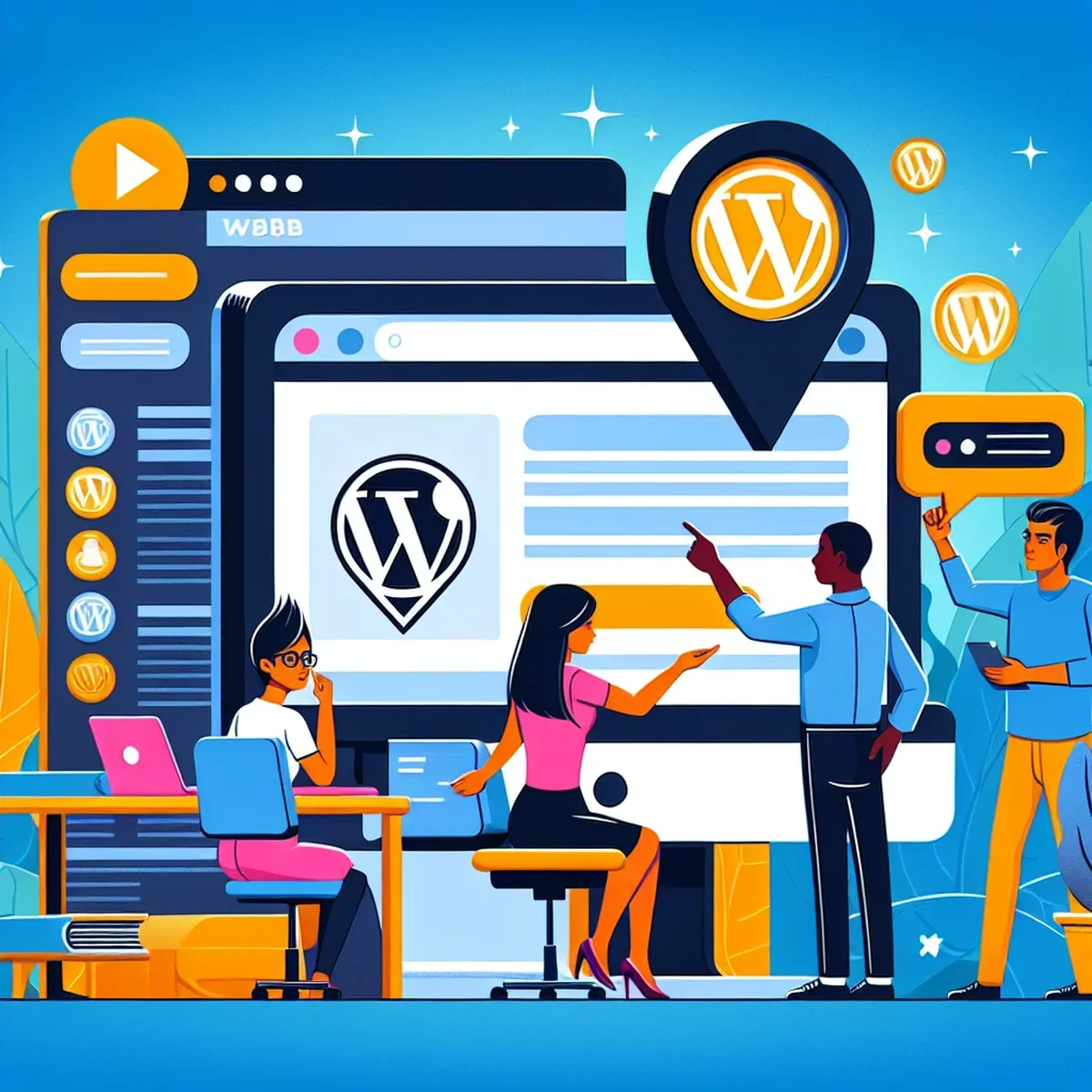 Map pins over a digital map, representing geolocation features in a WordPress site