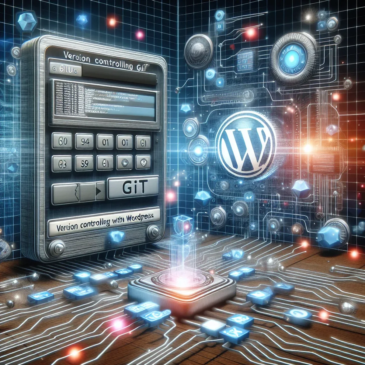A graphic illustration of Git branches merging with a WordPress logo