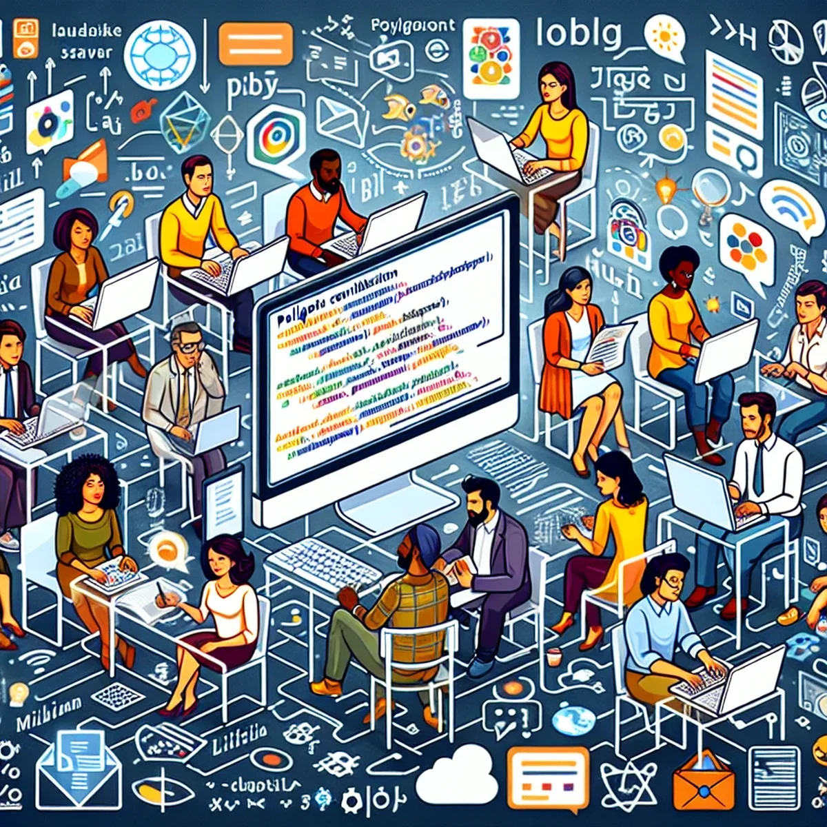 A diverse group of people collaborating over a world map, symbolizing global contributions to WordPress.