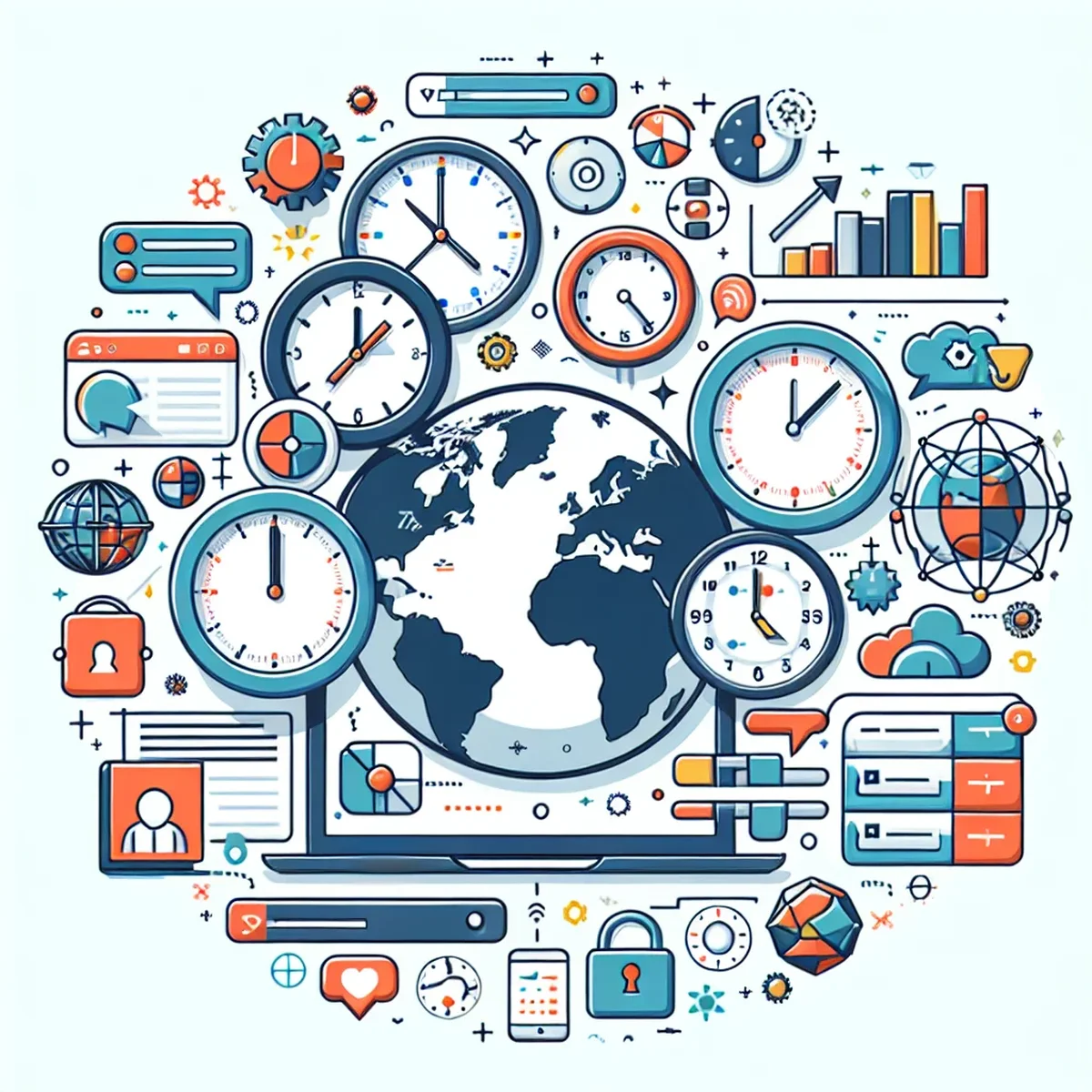 Illustration of a globe with various time zone indicators linked to a WordPress logo