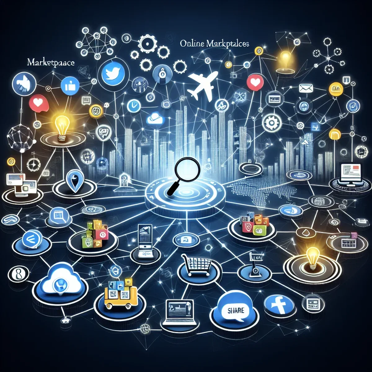 Illustration of WordPress integrated with various marketplace channels