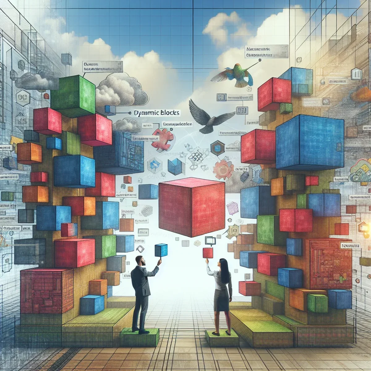 Illustration of dynamic blocks being translated in a WordPress site