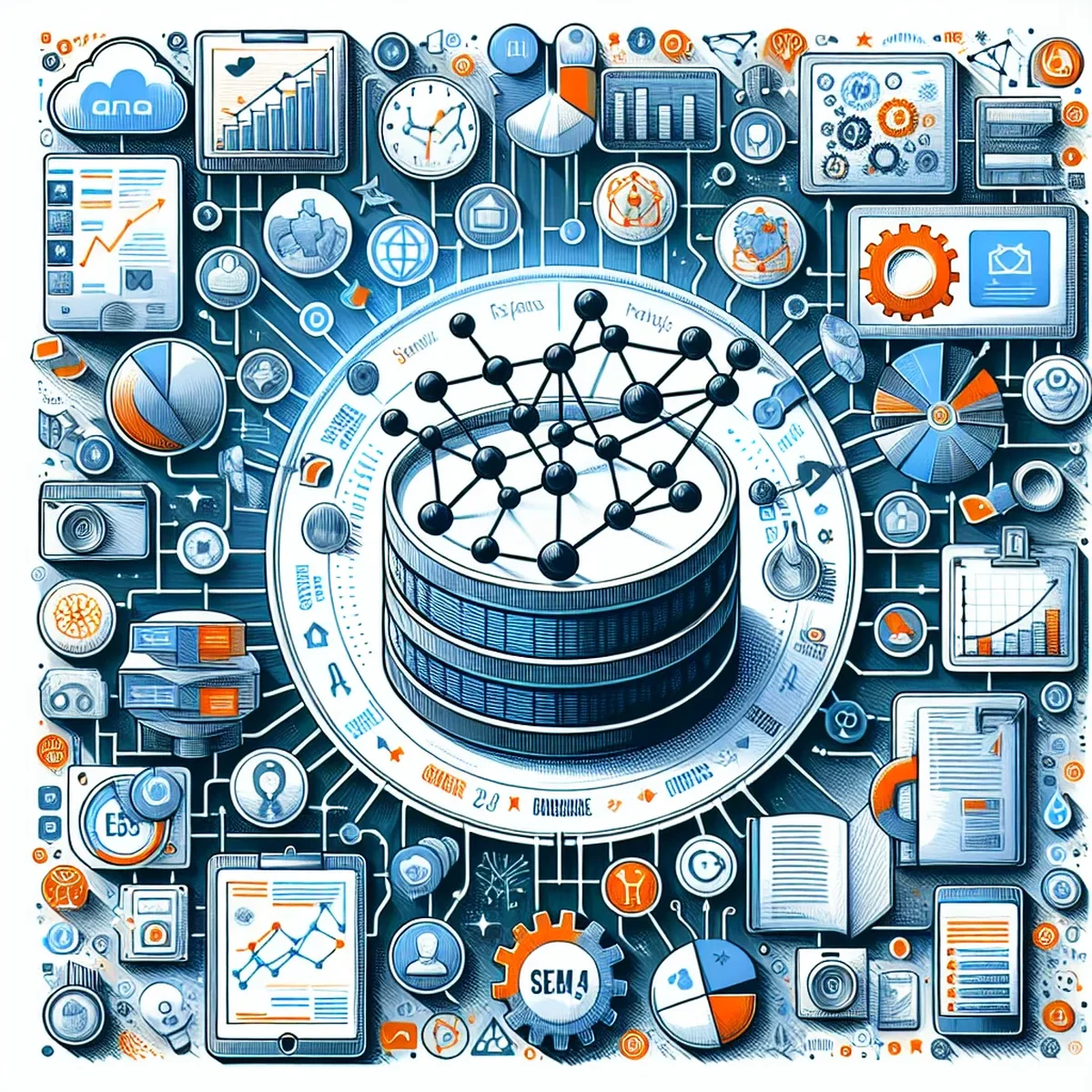 Illustration of Neo4j graph database nodes connected to a WordPress logo