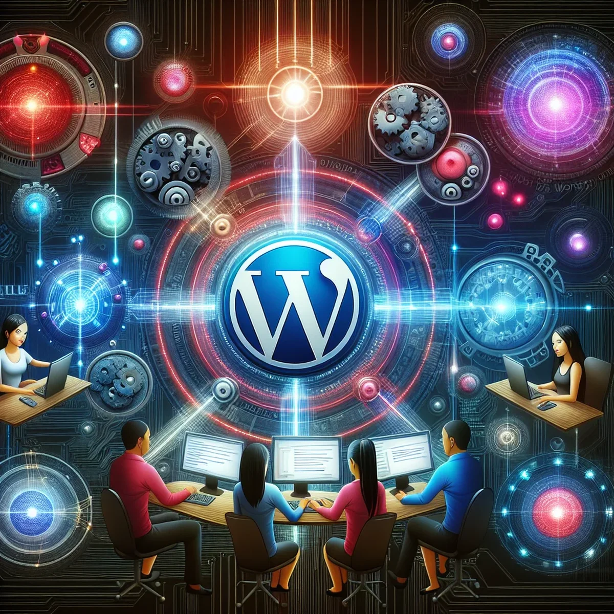 A conceptual image showing different versions of PHP and a WordPress logo