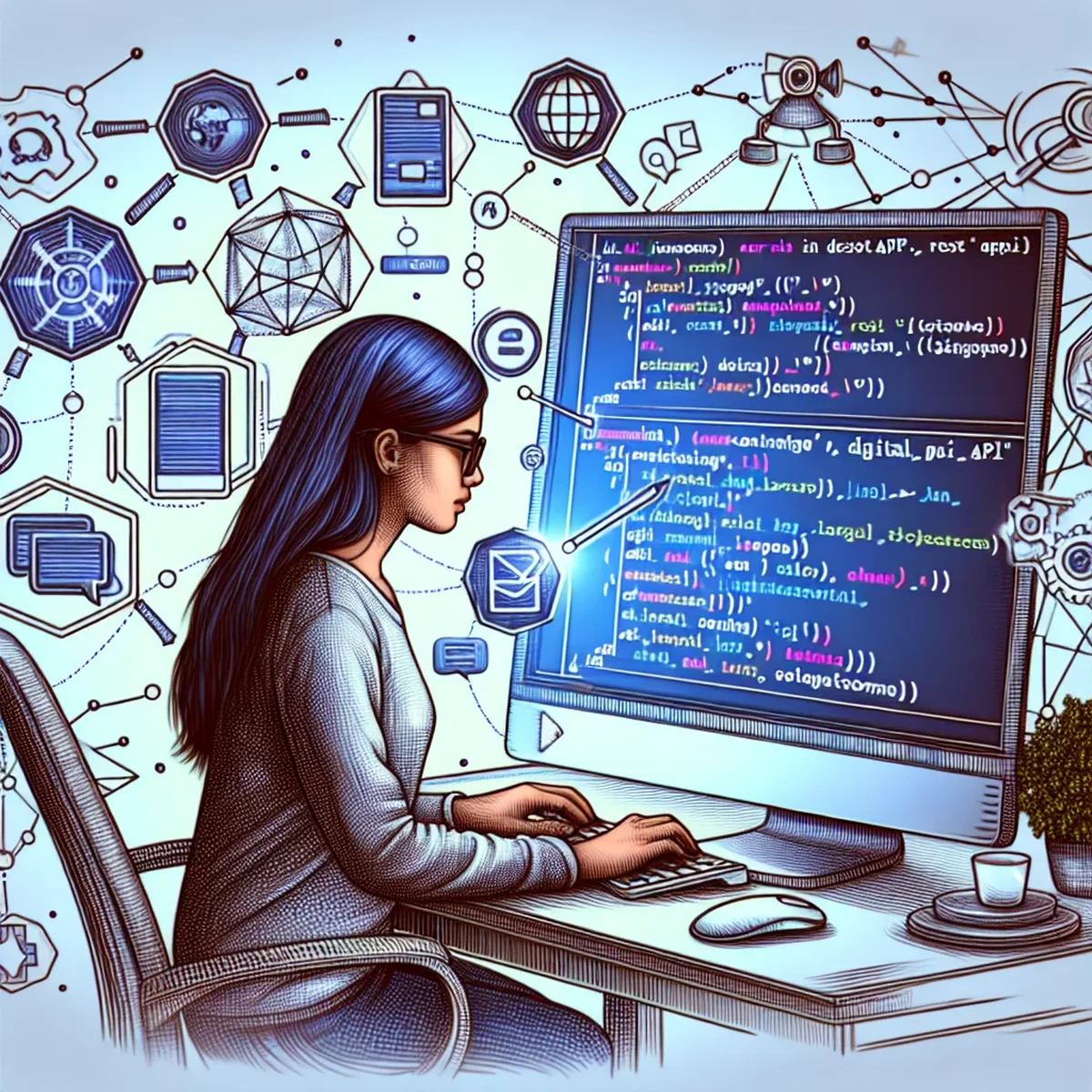 A developer coding on a laptop, integrating WordPress REST API with JavaScript