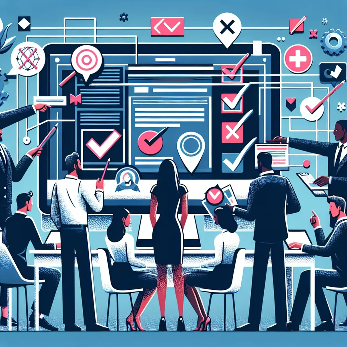 A team collaborating over a digital content calendar on WordPress