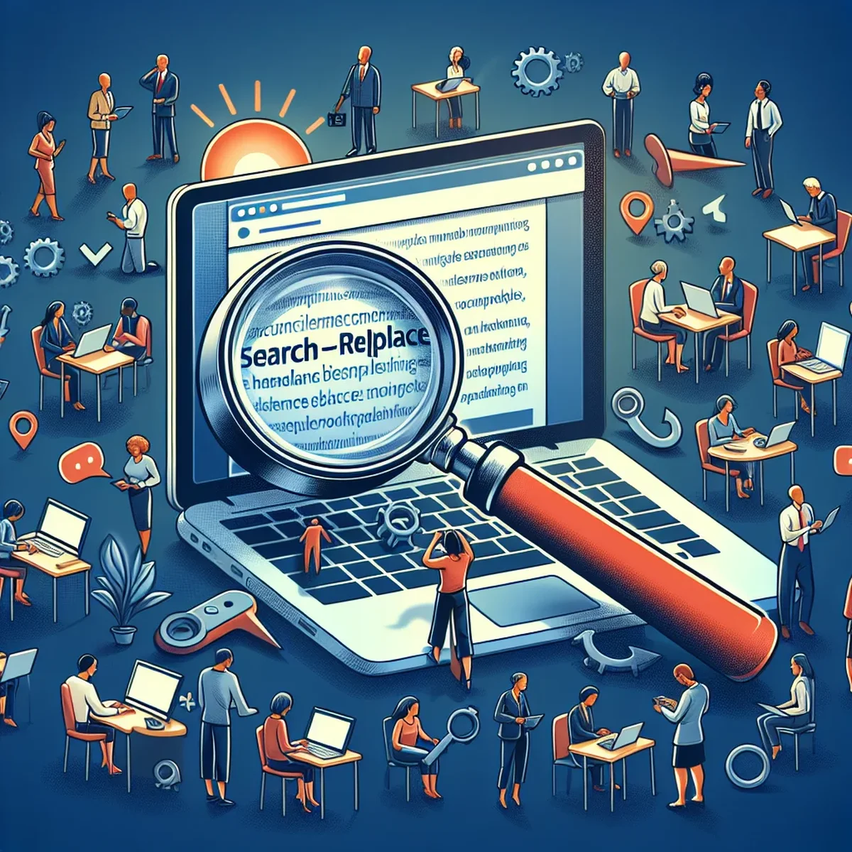 Illustration of a digital search and replace operation on a WordPress site