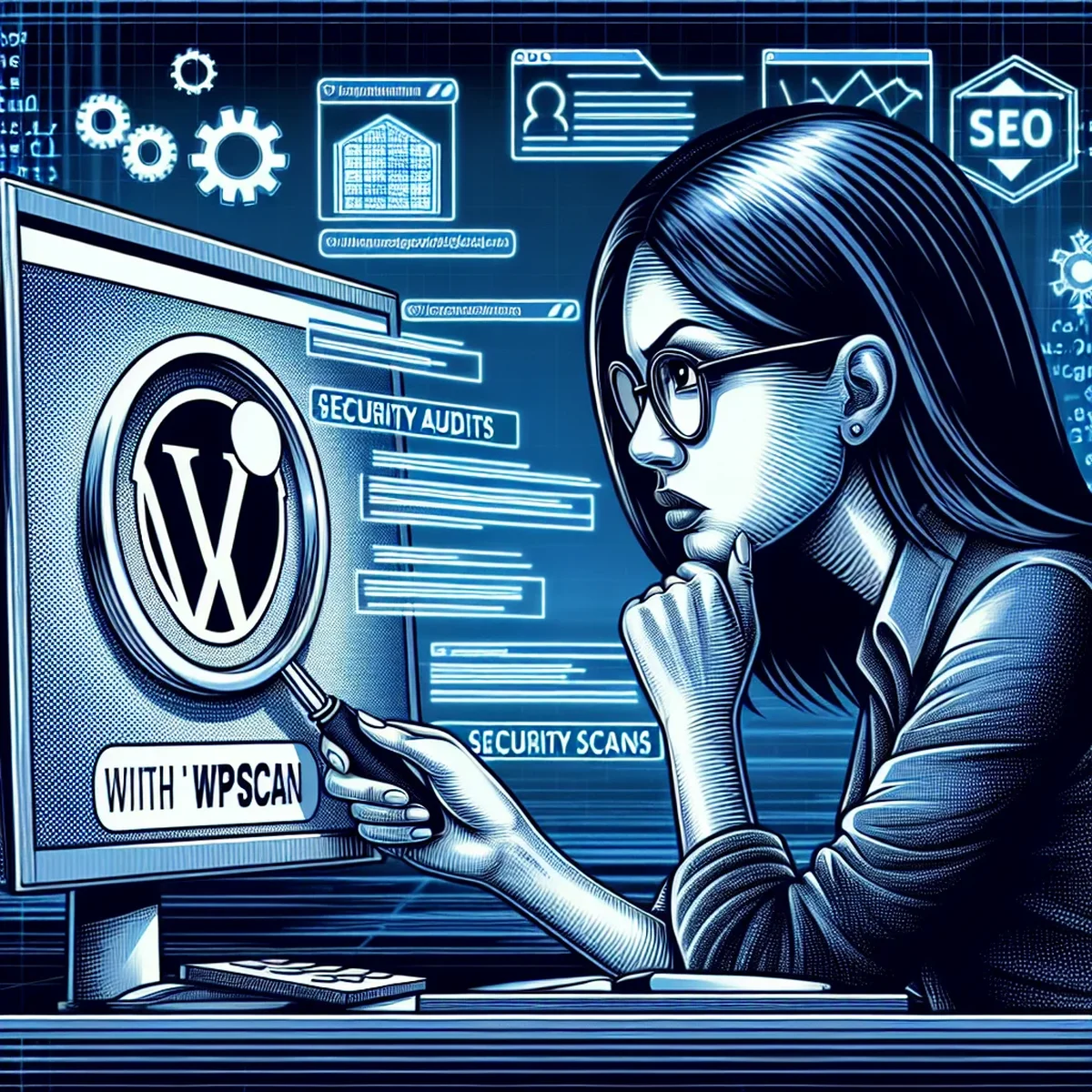 A digital security shield over a WordPress logo, symbolizing protection