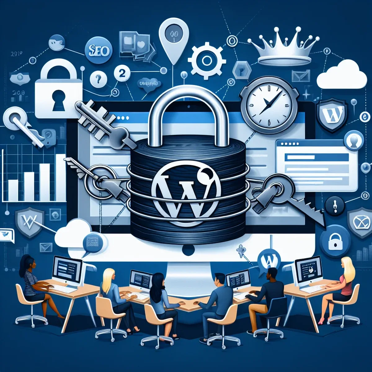 A graphic illustrating a secure WordPress website with lock symbols on files