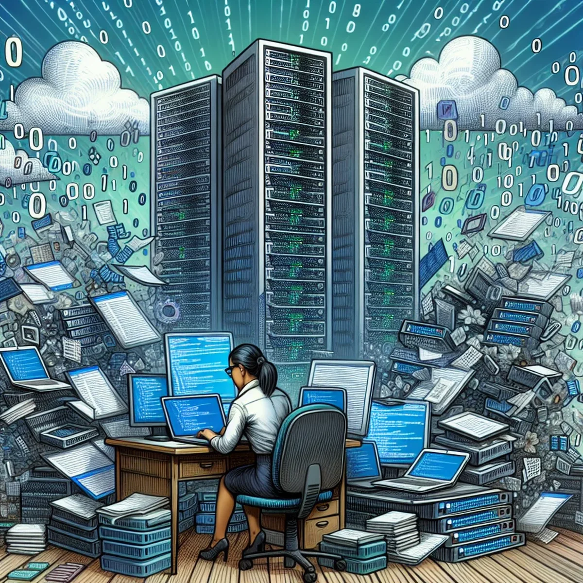 Illustration of a WordPress developer evaluating code on a computer screen