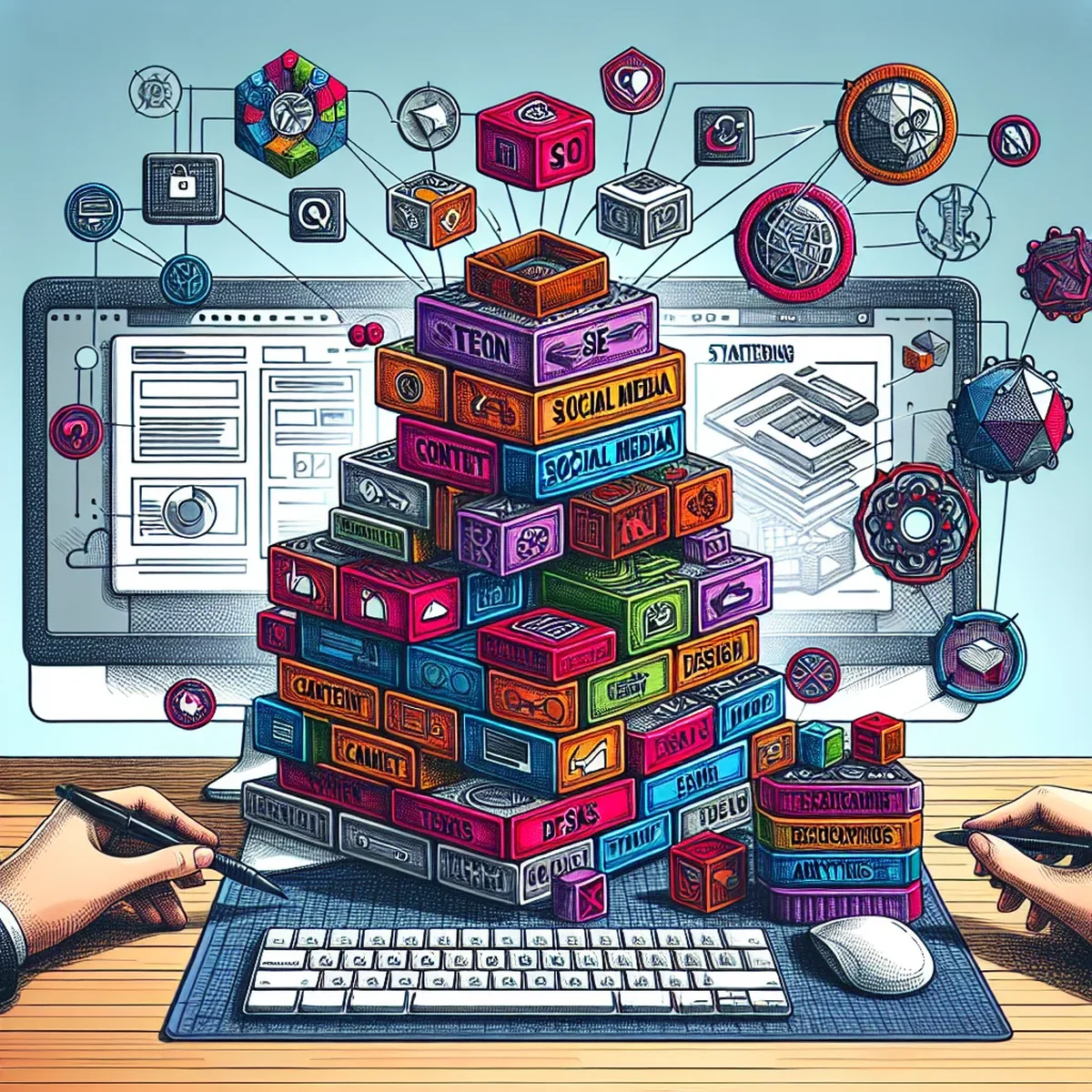 Illustration of a designer working on a WordPress theme