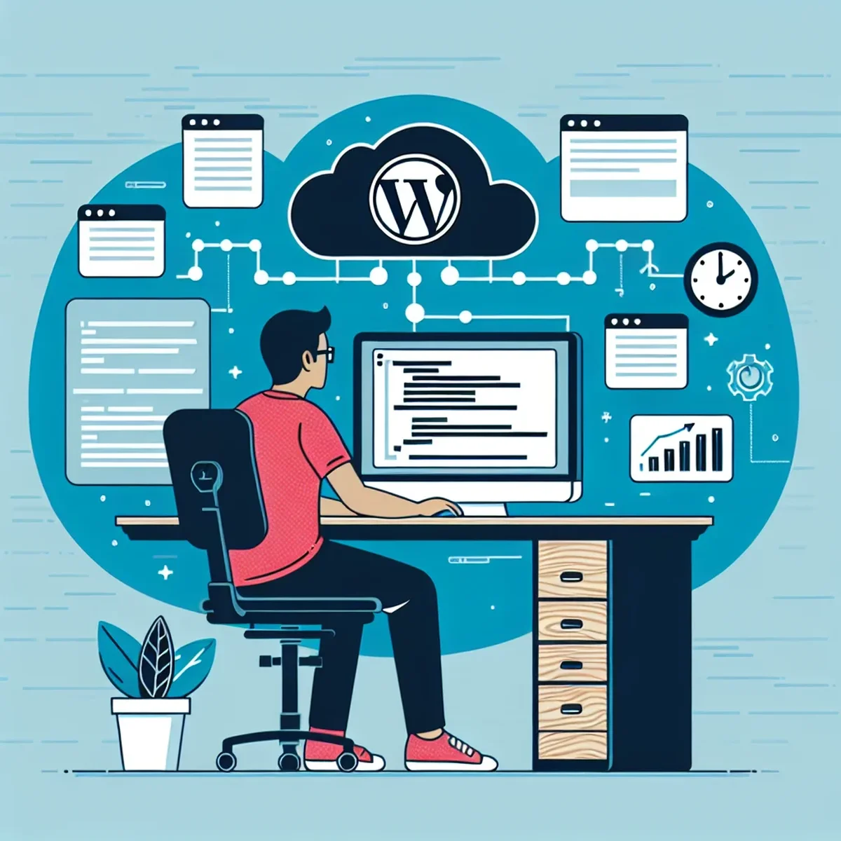 A developer reviewing code on a computer screen for theme submission