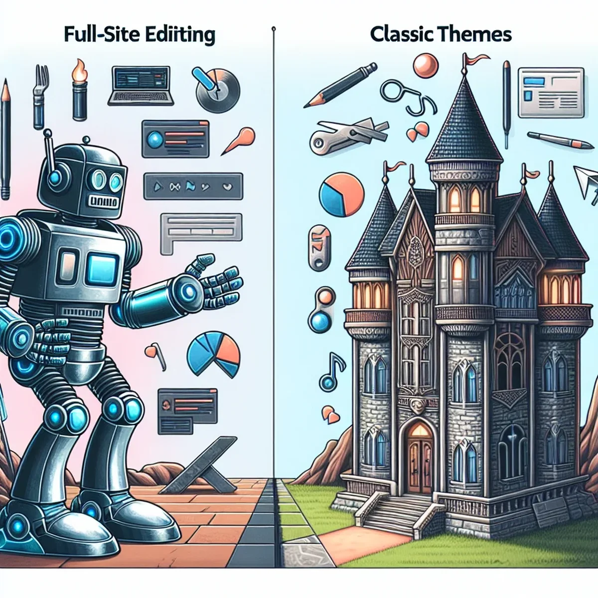 Comparison of WordPress full-site editing and classic theme interfaces